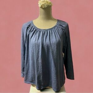 Madewell Blue Cotton Gathered Neck 3/4 Sleeve Top Size Small
